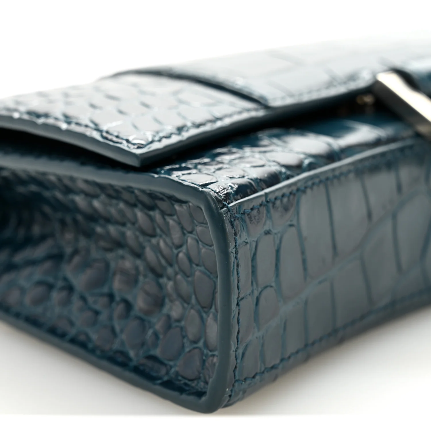 Shiny Calfskin Crocodile Embossed Hourglass Chain Bag Dark Petrol Blue - Top Club