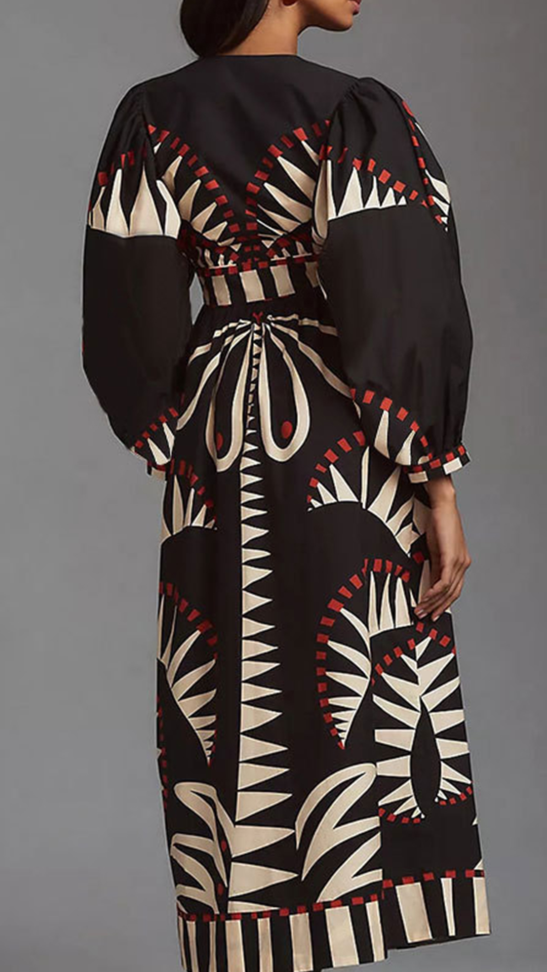 Women's Cotton‑blend Black‑base Geometric‑print V‑neck Puff‑sleeve Waist‑cinched Slit Midi Dress - Nordfashionstorm - Women's Clothing, Fashion for You - Nordfashionstorm.com