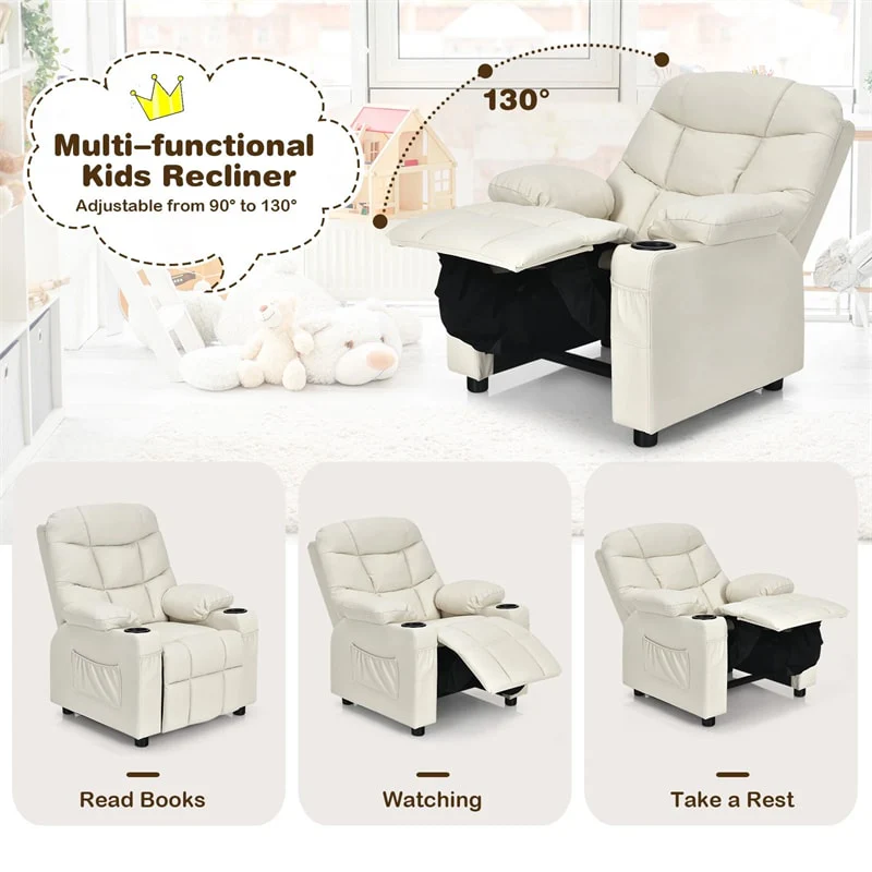 Kids Recliner Chair PU Leather Adjustable Lounge Sofa with Cup Holder, 3 Pockets & Retractable Footrest, Ergonomic Toddler Furniture Sofa