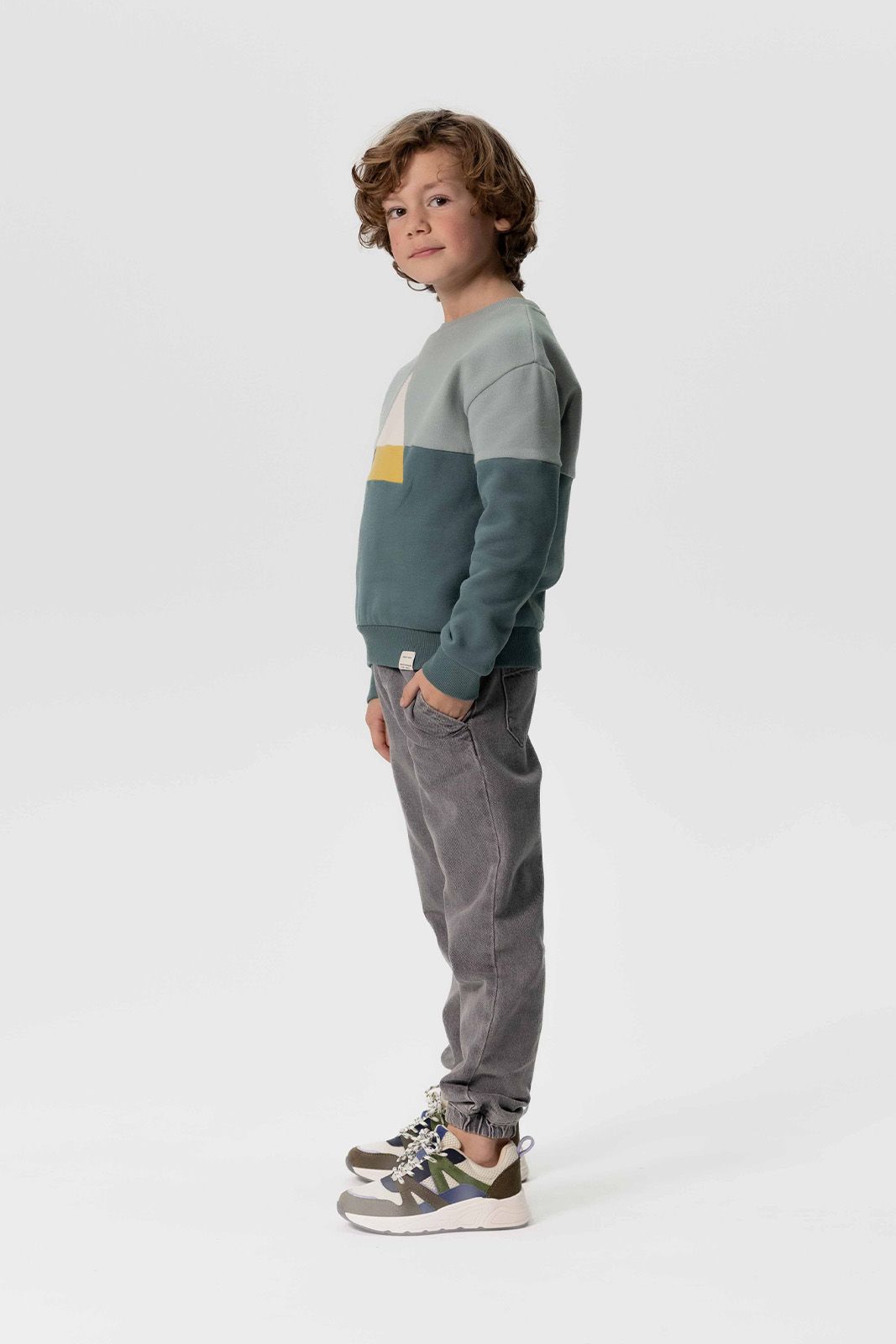 Grijze denim pull on broek met aantrekkoorden