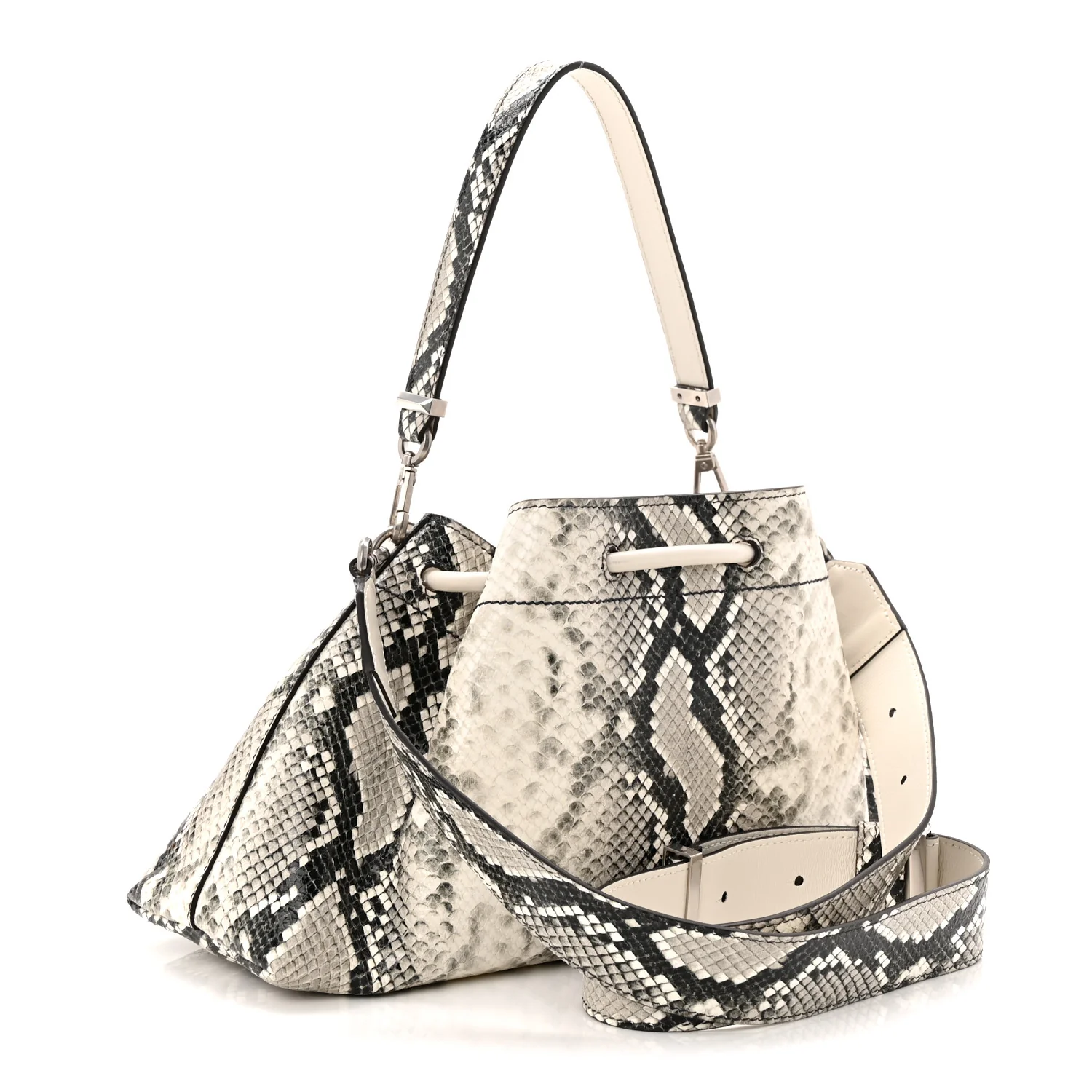 Calfskin Snakeskin Embossed Cinch M Bucket Bag Neutral - Top Club