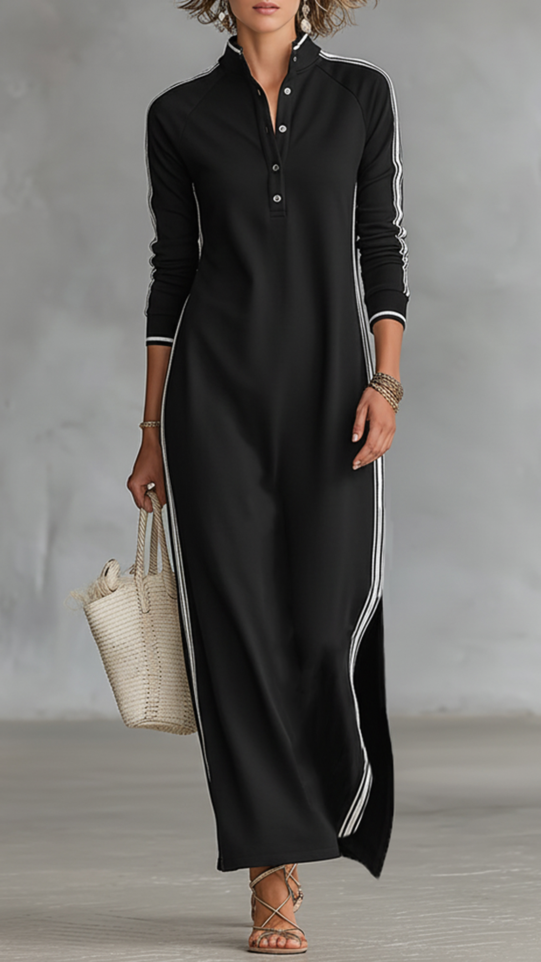 Women's Black and White Striped Sporty Stand-Collar Maxi Dress - Nordfashionstorm - Women's Clothing, Fashion for You - Nordfashionstorm.com