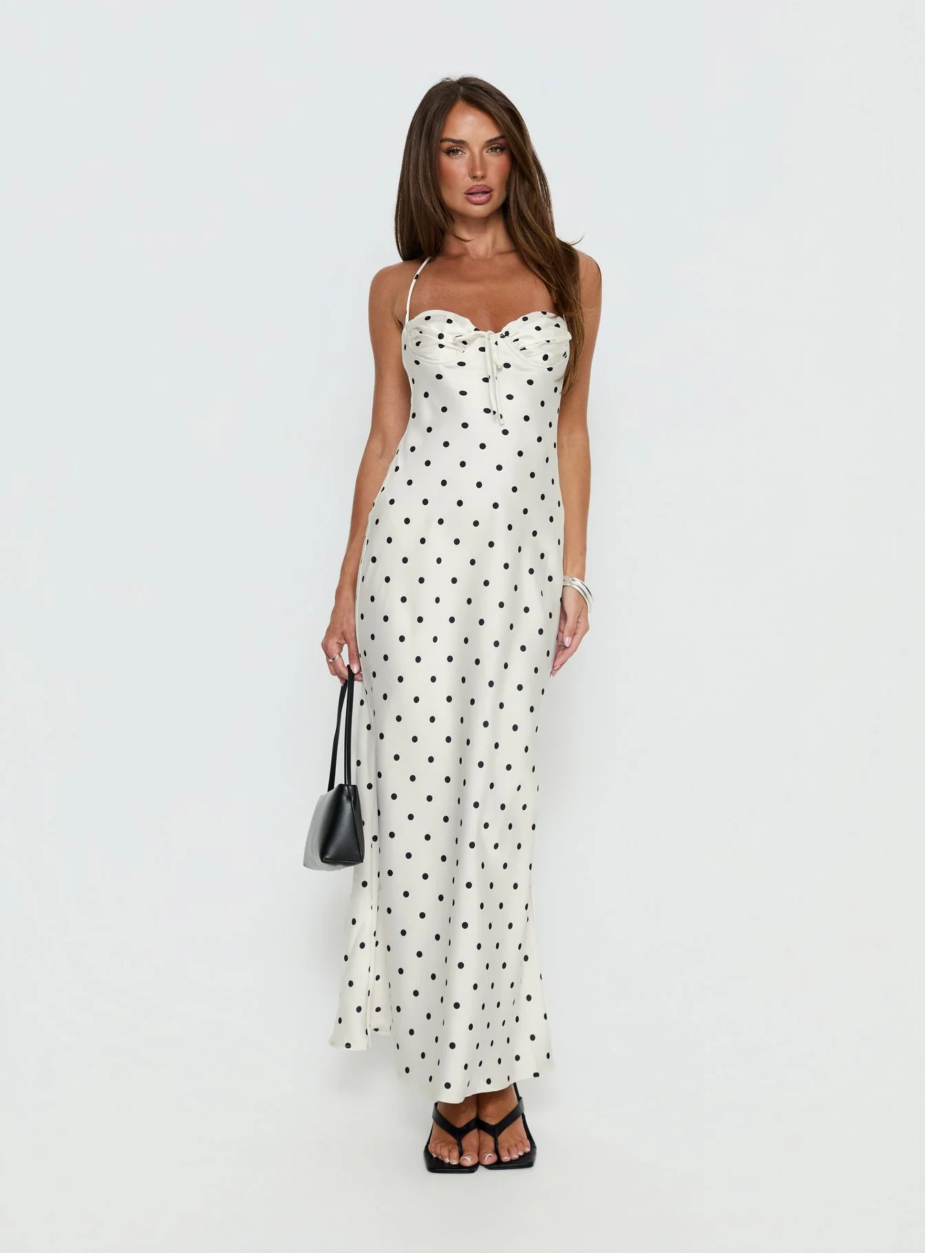 Costella Halter Satin Maxi Dress Cream Polka Dot