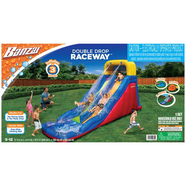 BANZAI Double Drop Raceway Large Inflatable Water Park Play Center - Dual Racing Water Slides and Climbing Wall - Outdoor Summer Fun for Kids and Families