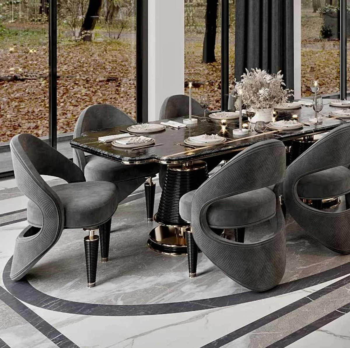 Luxury dining table black / gold 250 x 112 x H. 77 cm - Dining room table with artificial marble table top - Dining room furniture - Luxury furniture - Luxury furnishings
