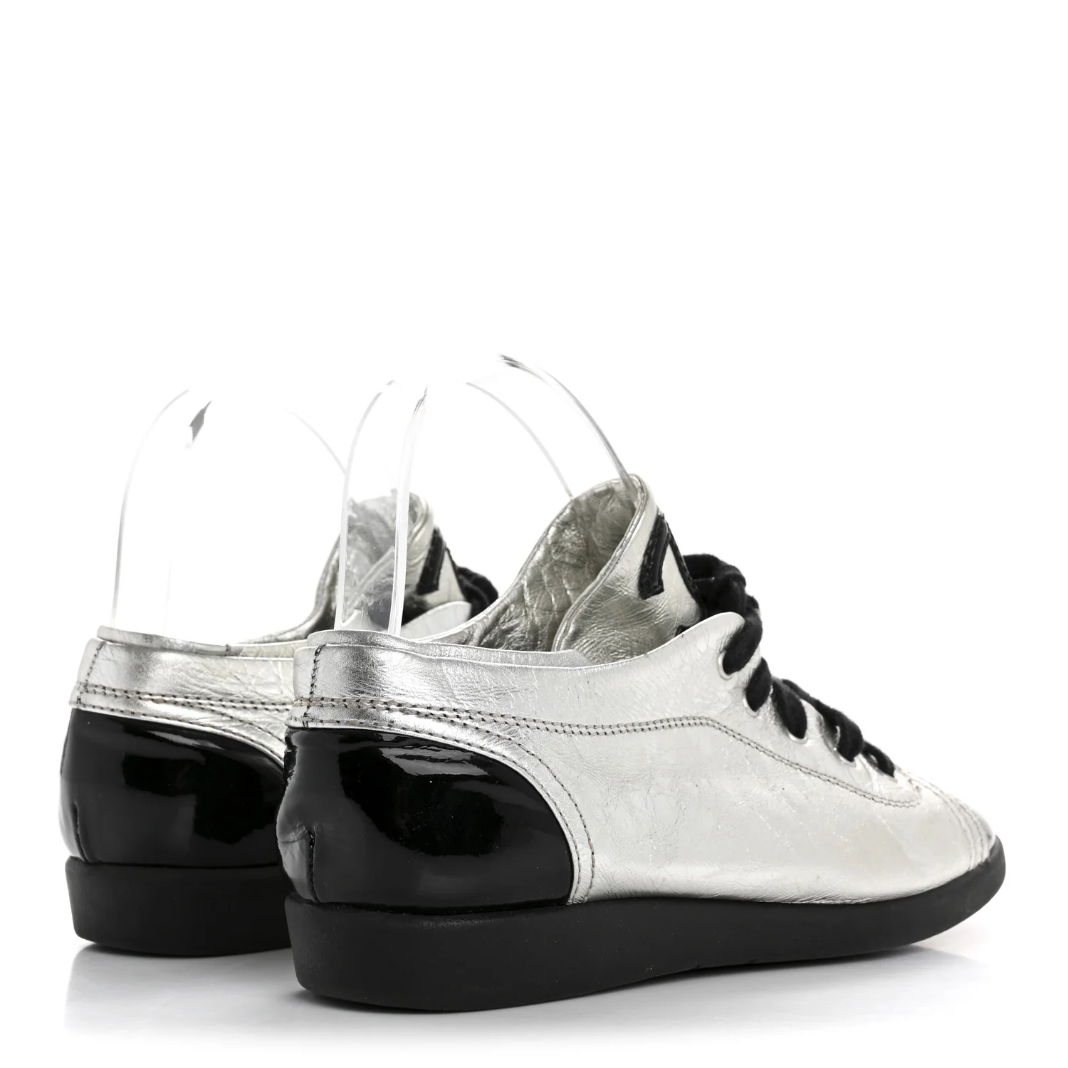 Metallic Lambskin Patent Cap Toe CC Sneakers 38.5 Silver Black - Top Club