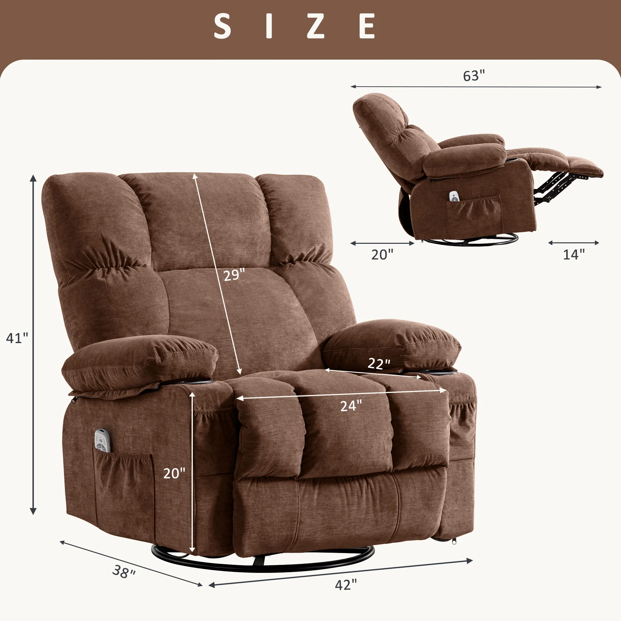 JONPONY Manual Recliner Chair with Heat Therapy and Massage Function, Heavy Duty Reclining Mechanism Massage Chair, Elderly Single Rocker Sofa with Cup Holders for Bedroom Home Theater, Grey