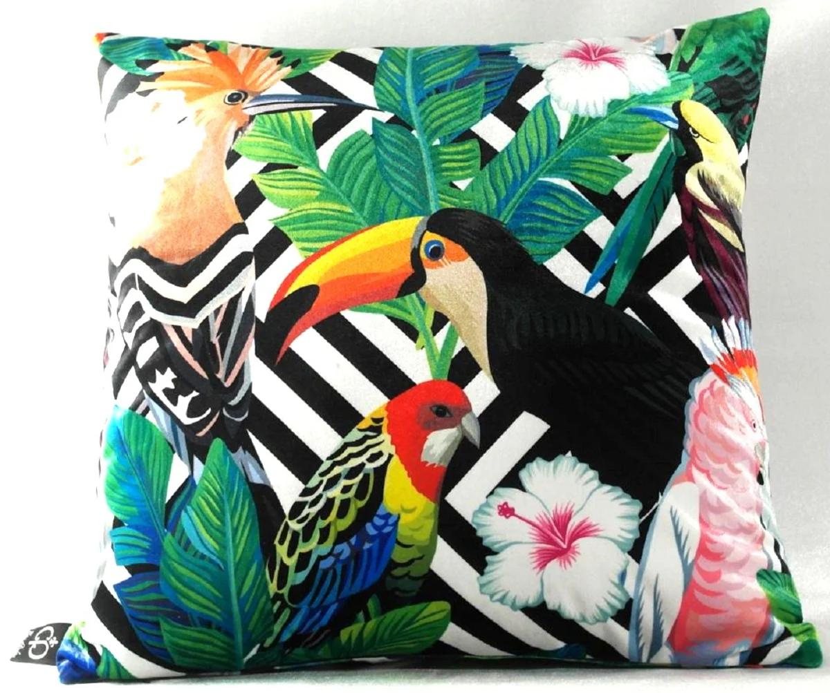 Luxury cushion Miami Parrots & Flowers black / white / multicolored 45 x 45 cm - finest velvet fabric - living room decorative decorative cushion