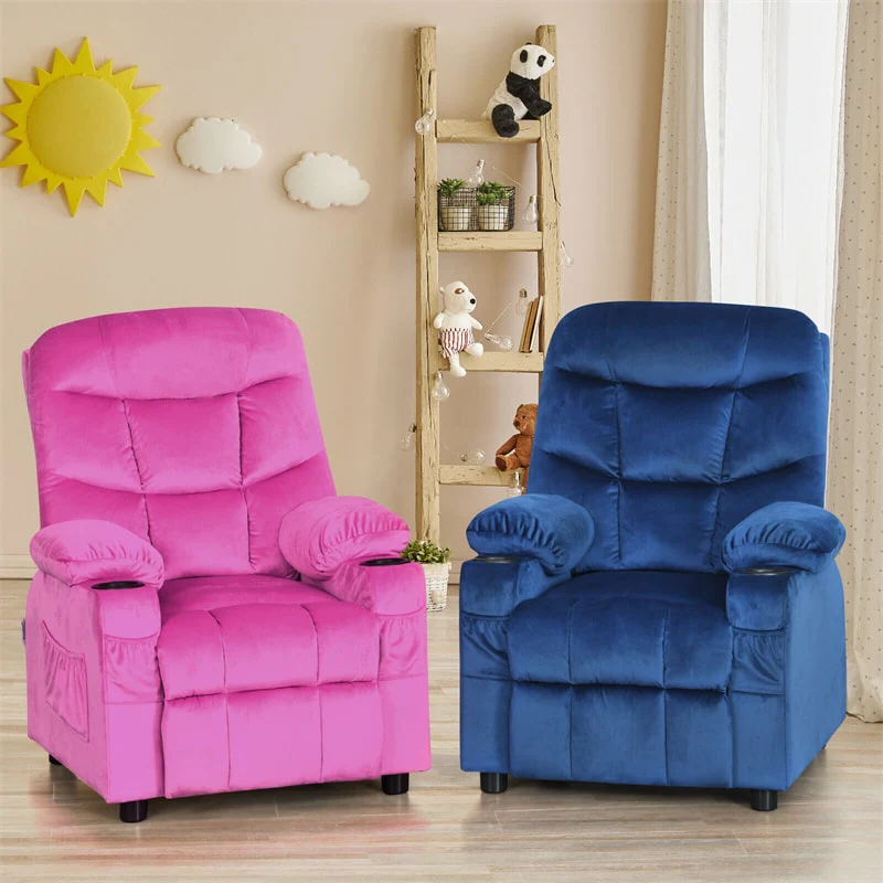 Kids Recliner Chair Adjustable Velvet Lounge Sofa with Cup Holders, 3 Pockets, Retractable Footrest, Toddler Furniture Sofa for Boys Girls Room