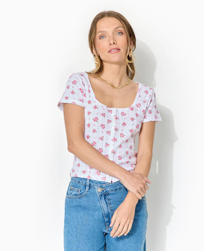 Pimkie T-shirt boutonné en maille pointelle motif fleurs