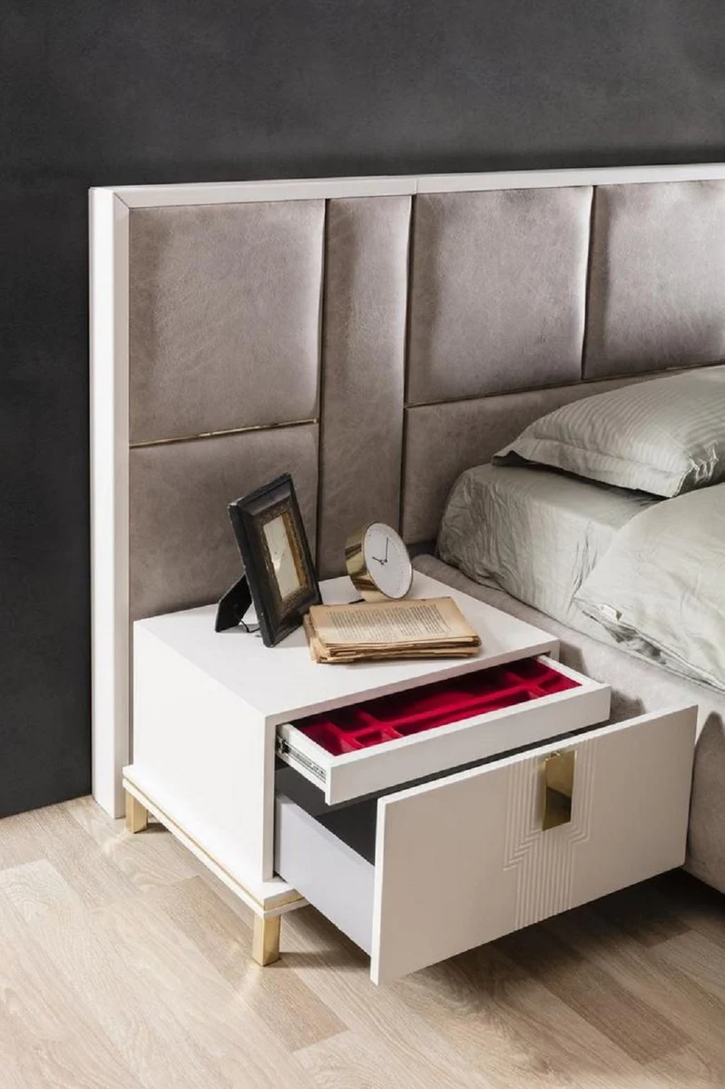 Luxury Solid Wood Bedroom Set Gray / White / Gold - 1 Double Bed with Headboard & 2 Bedside Tables - Luxury Bedroom Furniture