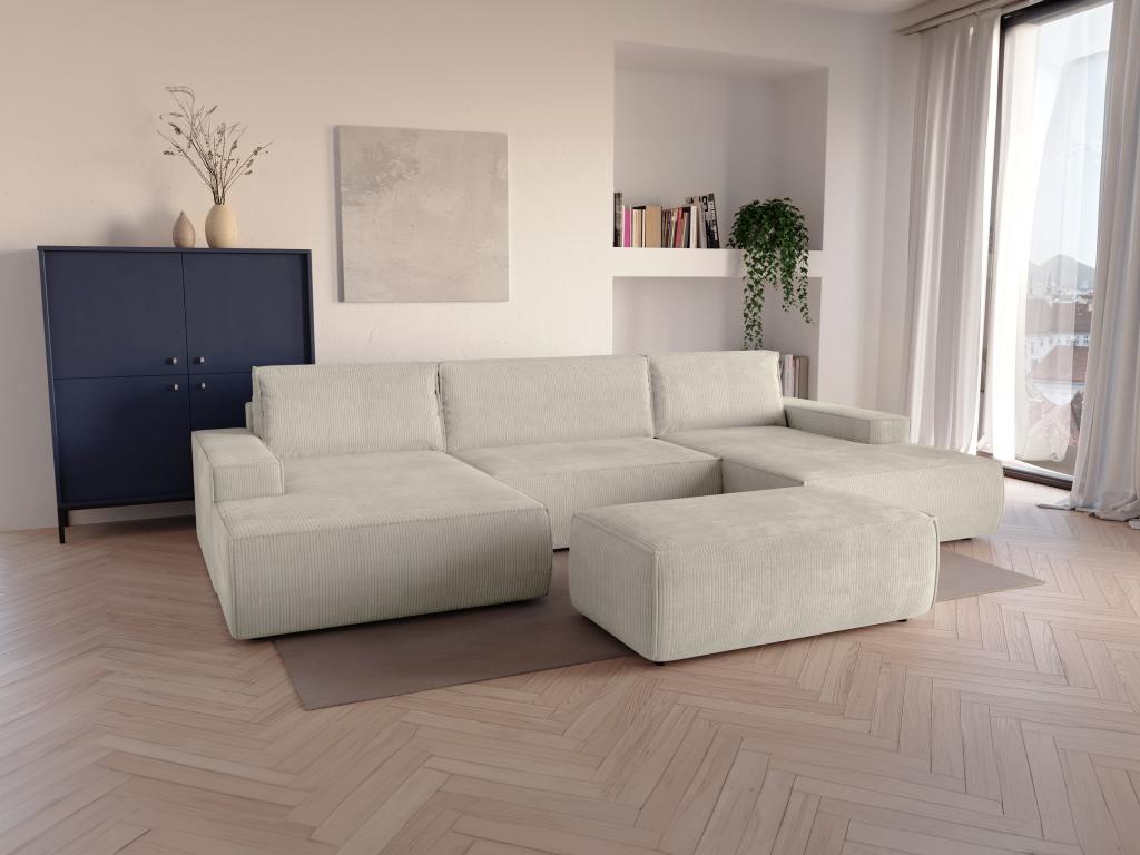 Gran sofá cama rinconera panorámico de terciopelo de canalé beige arcón