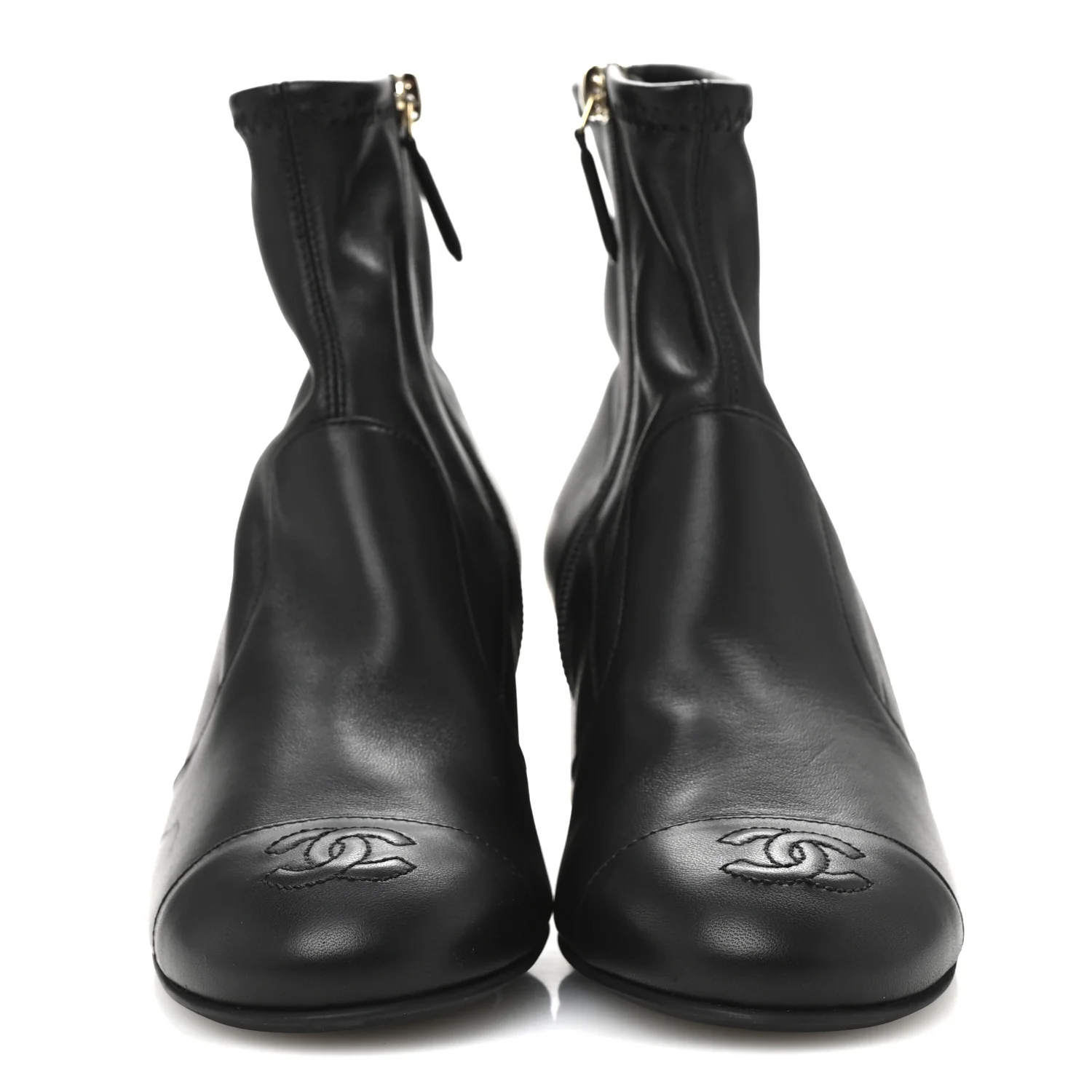 Stretch Lambskin Cap Toe CC Uniform Short Boots 37.5 Black - Top Club