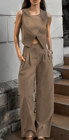 Women's Cotton-Blend Asymmetrical Vest & Wide-Leg Trouser Set for Office and City Chic Style - Nordfashionstorm - Women's Clothing, Fashion for You - Nordfashionstorm.com