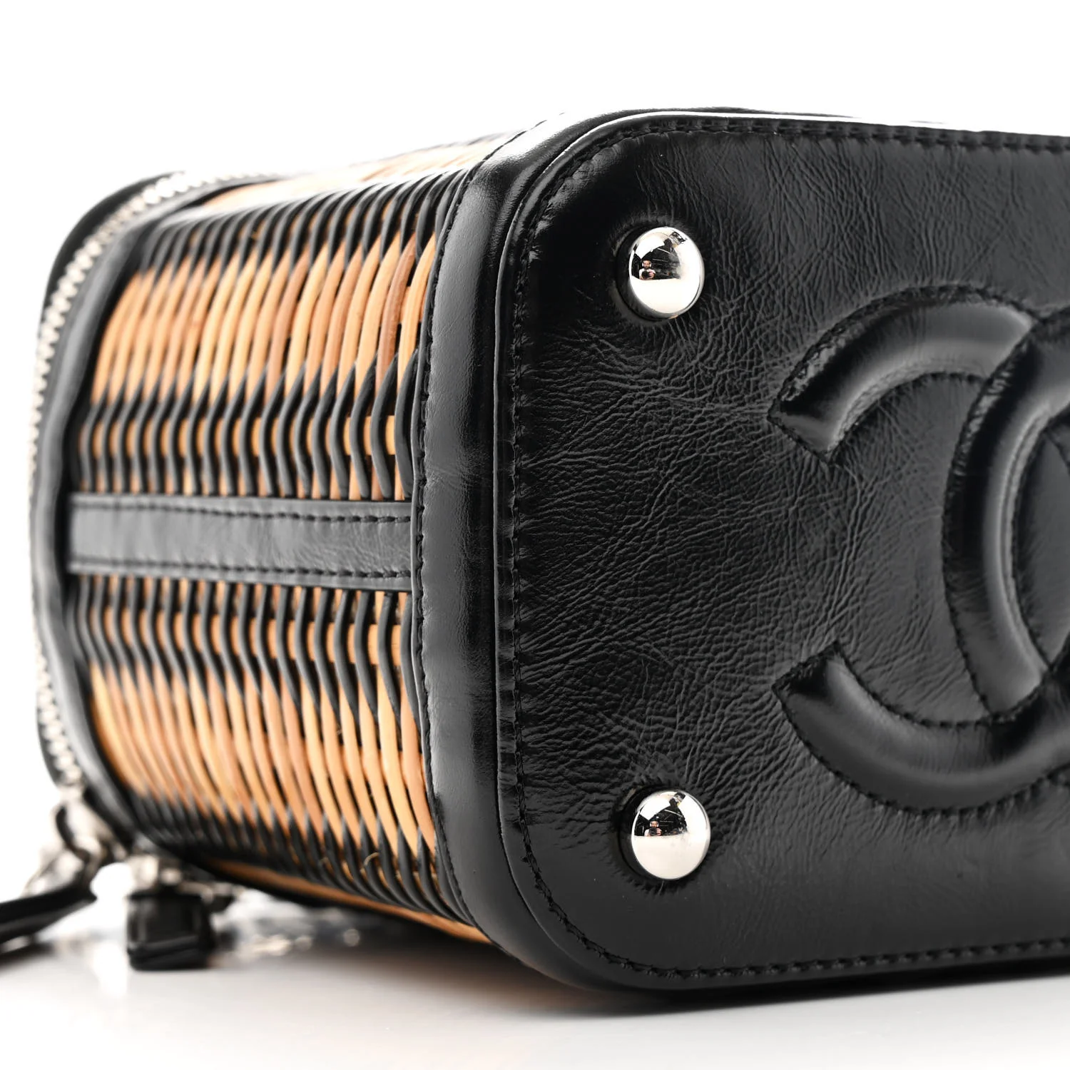 Calfskin Raffia Small Vanity Case Bag Black Beige - Top Club
