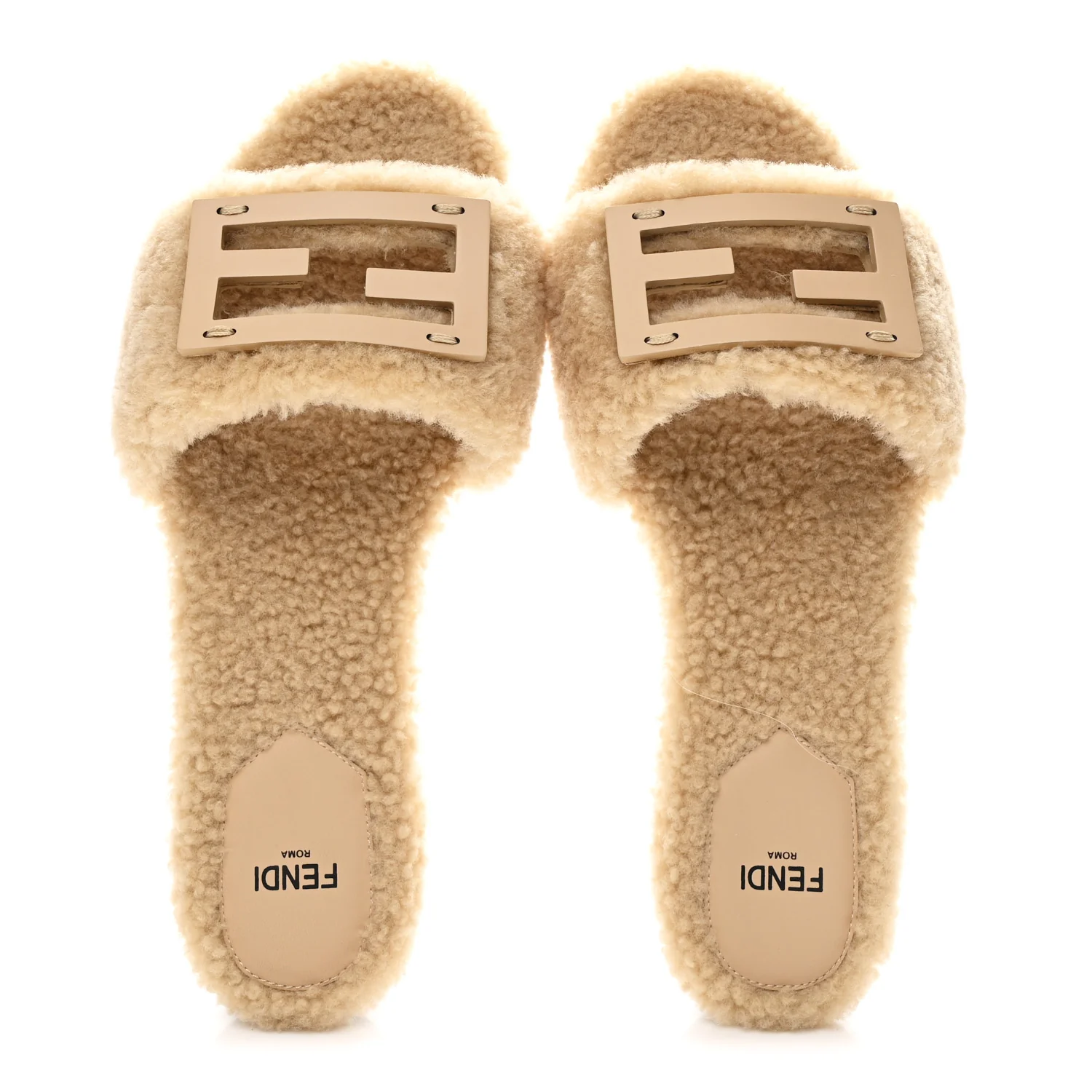 Shearling FF Baguette Slide Sandals 37 Beige Naturale
