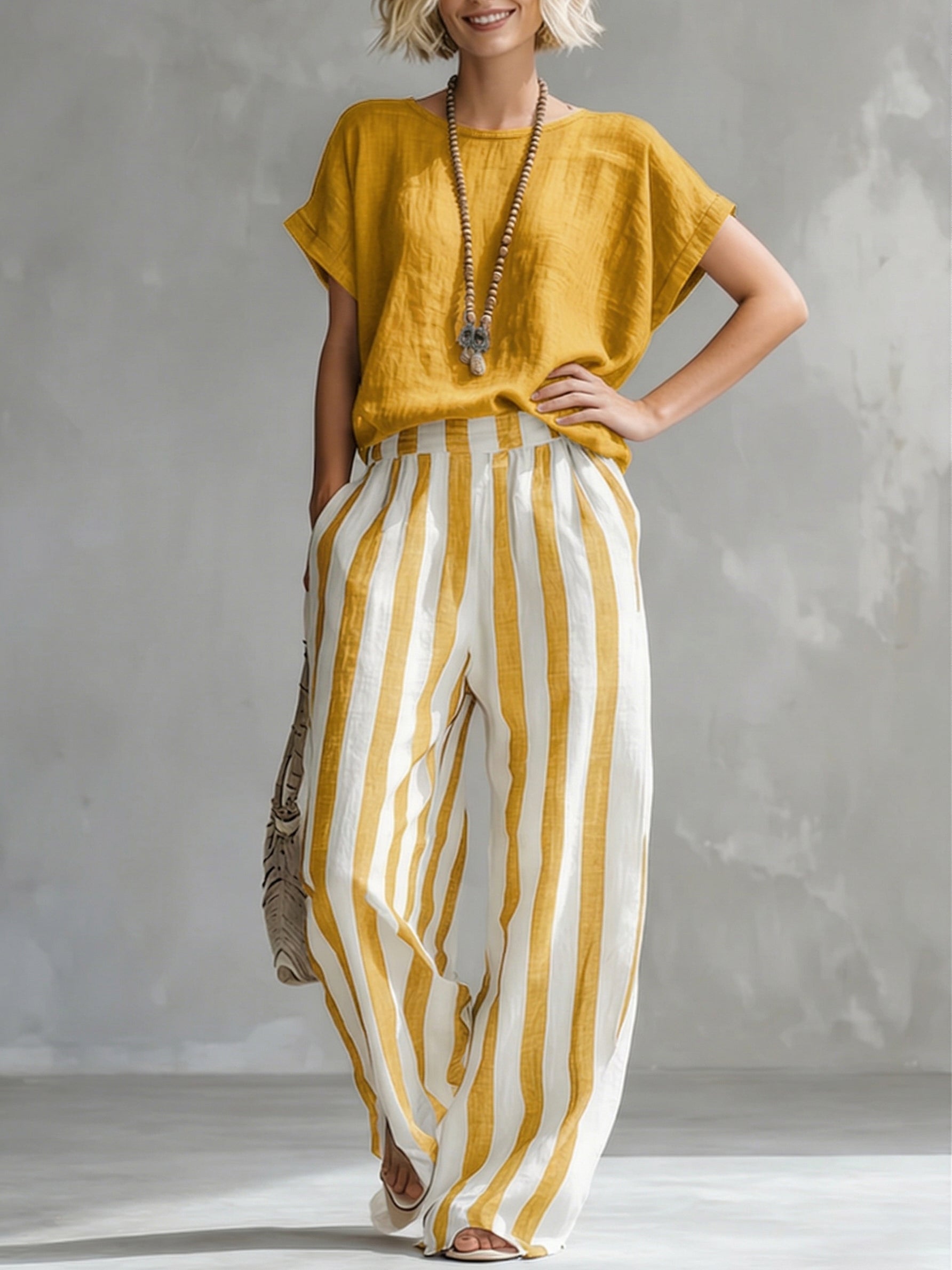 Cozy Loose-fit Striped Cotton-linen Two-piece Set - Nordfashionstorm - Women's Clothing, Fashion for You - Nordfashionstorm.com