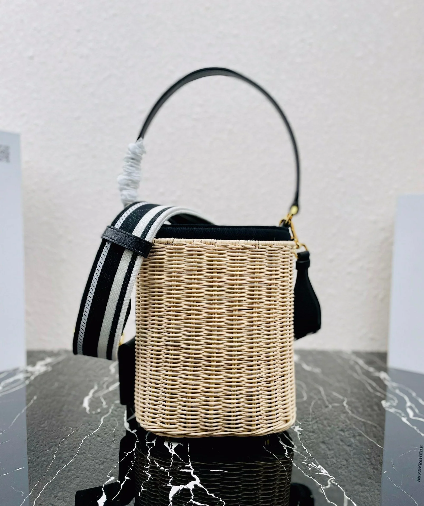 Prada Wicker And Canvas Bucket Bag TanBlack size 18x19x11 cm - Top Club