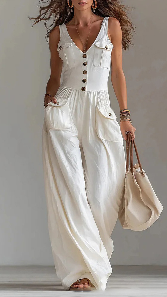 Women's Solid-Color Loose-Fit Casual Jumpsuit with Buttons and Side Pockets - Nordfashionstorm - Women's Clothing, Fashion for You - Nordfashionstorm.com