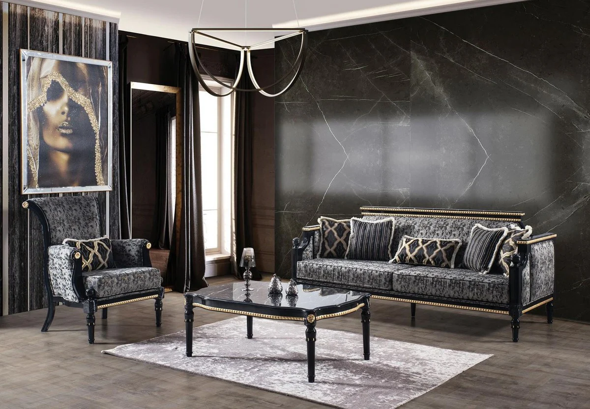 Luxury baroque living room set gray / black / gold - 2 sofas & 2 armchairs & 1 coffee table with glass top in marble look - living room furniture in baroque style - noble and magnificent