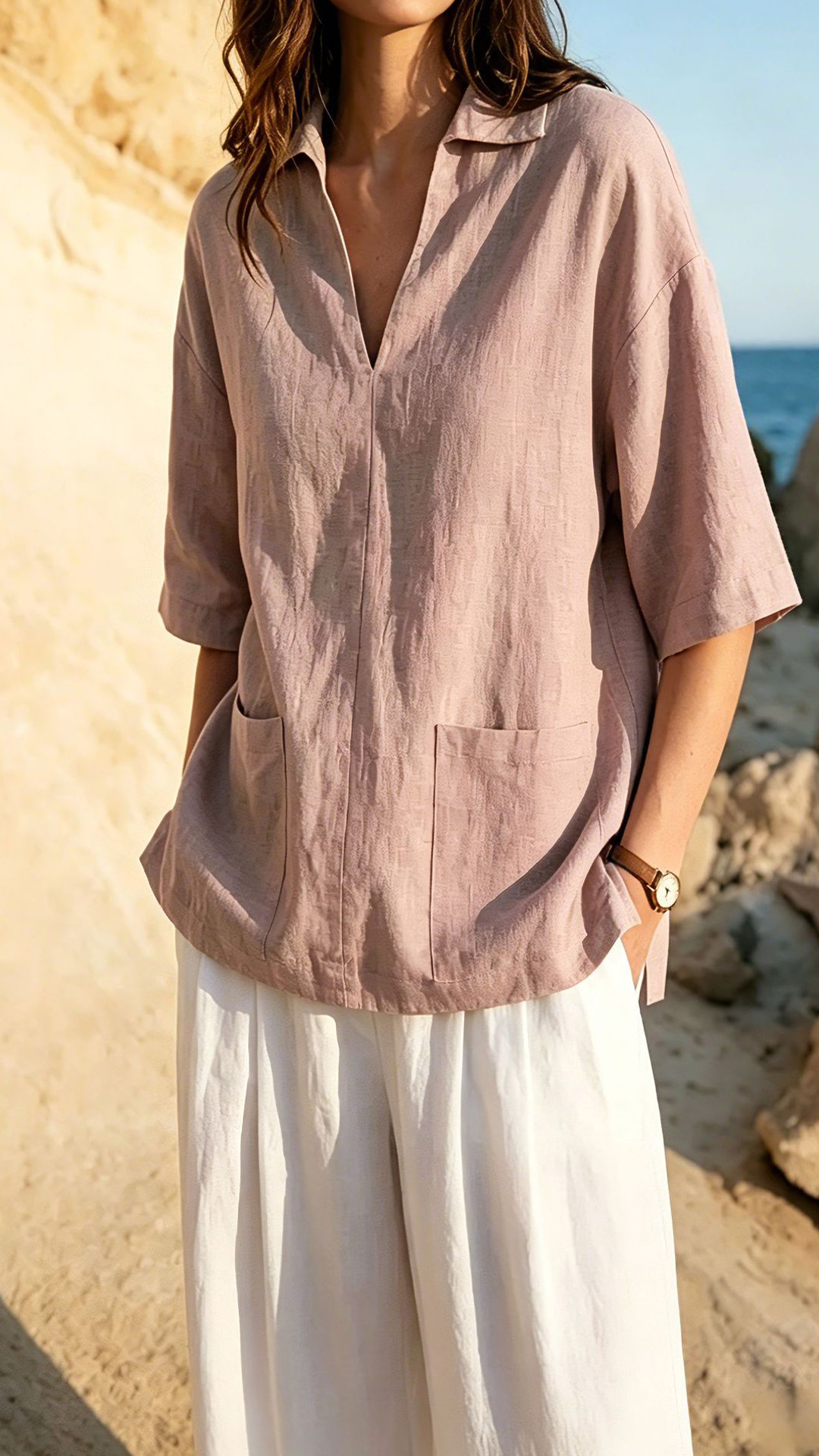Women's Khaki Collared Mid-sleeve Cotton-blend Blouse - Nordfashionstorm - Women's Clothing, Fashion for You - Nordfashionstorm.com