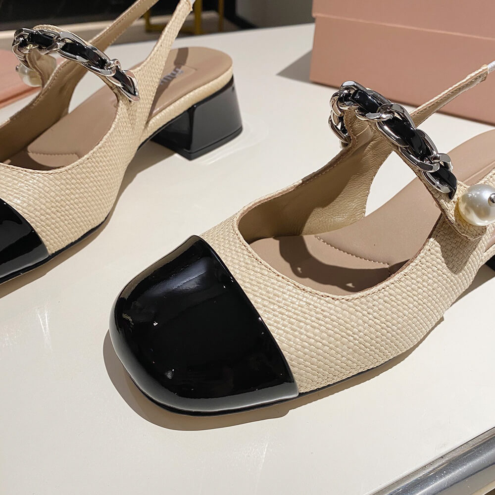 MIUMIU Patent leather and raffia slingback pumps - Top Club