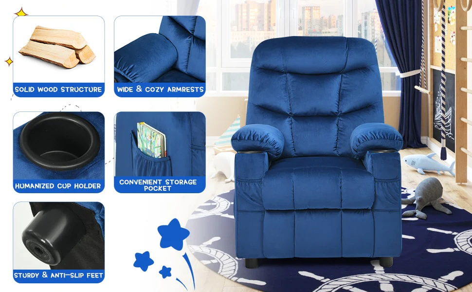 Eletriclife Kids Recliner Chair Adjustable Velvet Lounge Sofa with Cup Holders & 3 Pockets