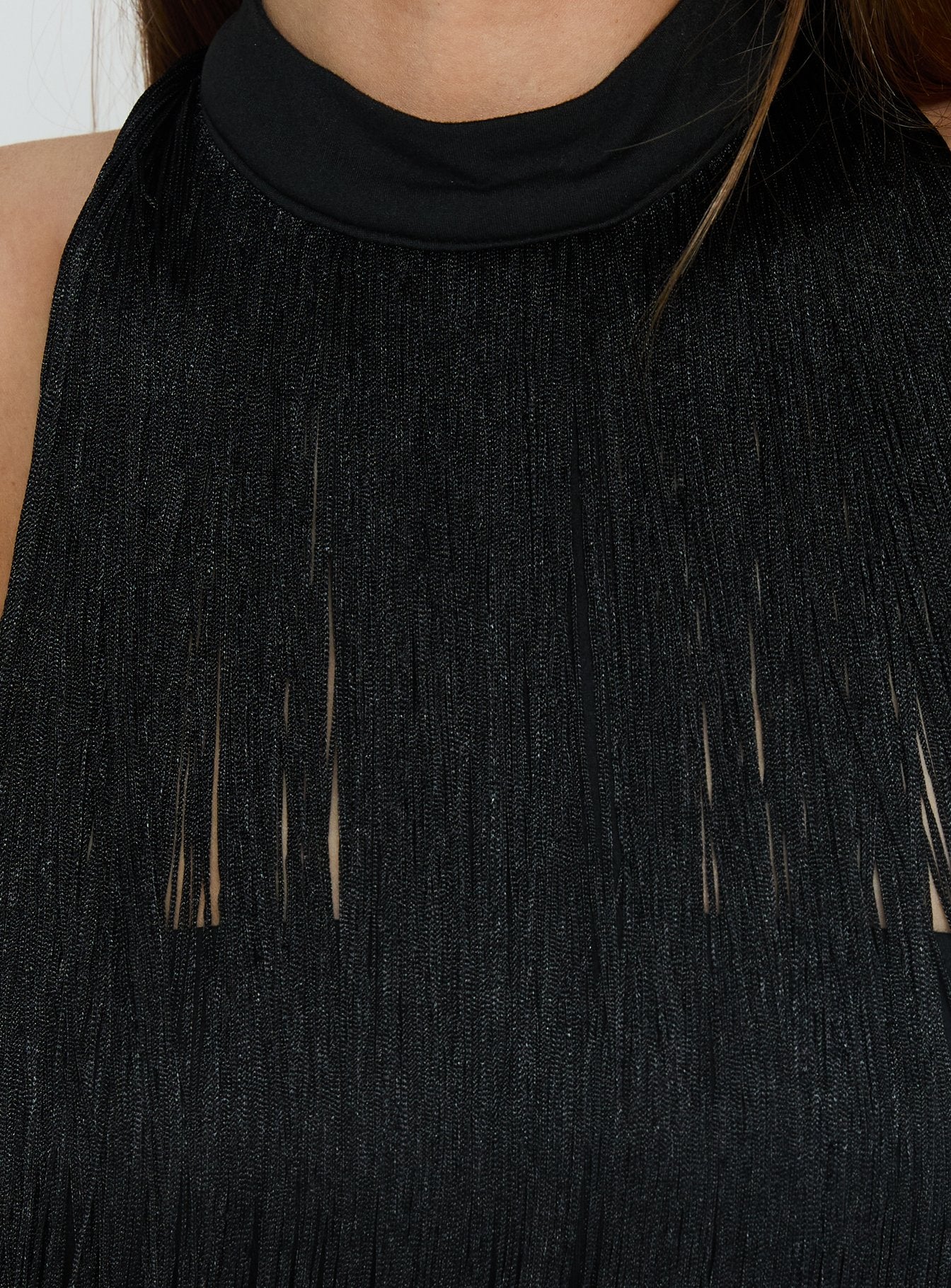 Zephyrine Fringe Asymmetrical Halter Top Black