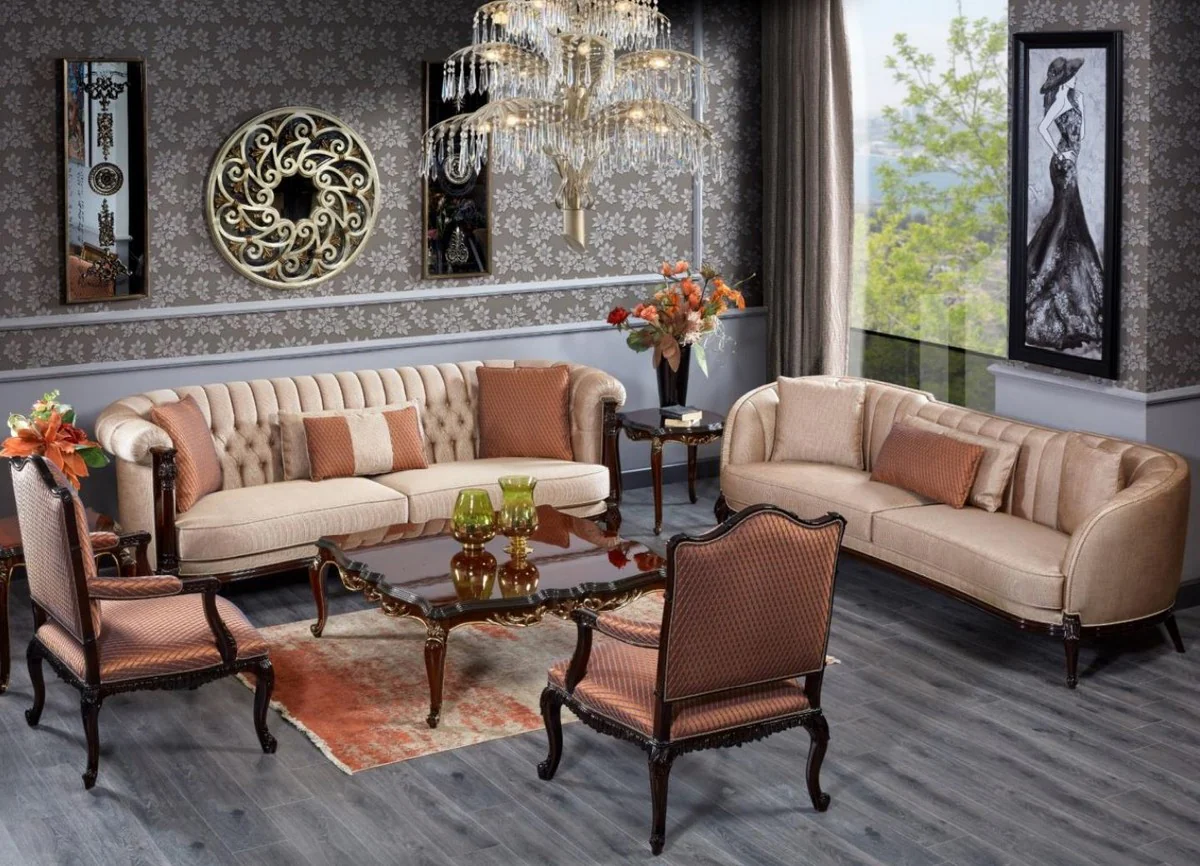 Luxury Baroque Chesterfield Sofa Beige / Dark Brown - Magnificent Living Room Sofa - Baroque Style Living Room Furniture - Luxury Furniture in Baroque Style - Baroque Furnishings - Noble & Magnificent