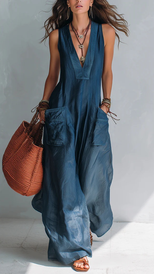 Women's Cotton-linen Solid Color V-neck Casual Loose Jumpsuit with Large Pockets - Nordfashionstorm - Women's Clothing, Fashion for You - Nordfashionstorm.com