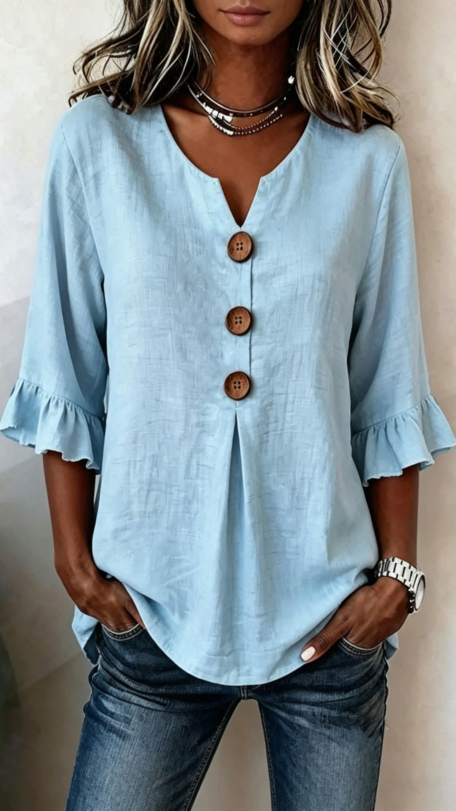 Women's V-Neck Cotton-Linen Button-Up Top - Nordfashionstorm - Women's Clothing, Fashion for You - Nordfashionstorm.com