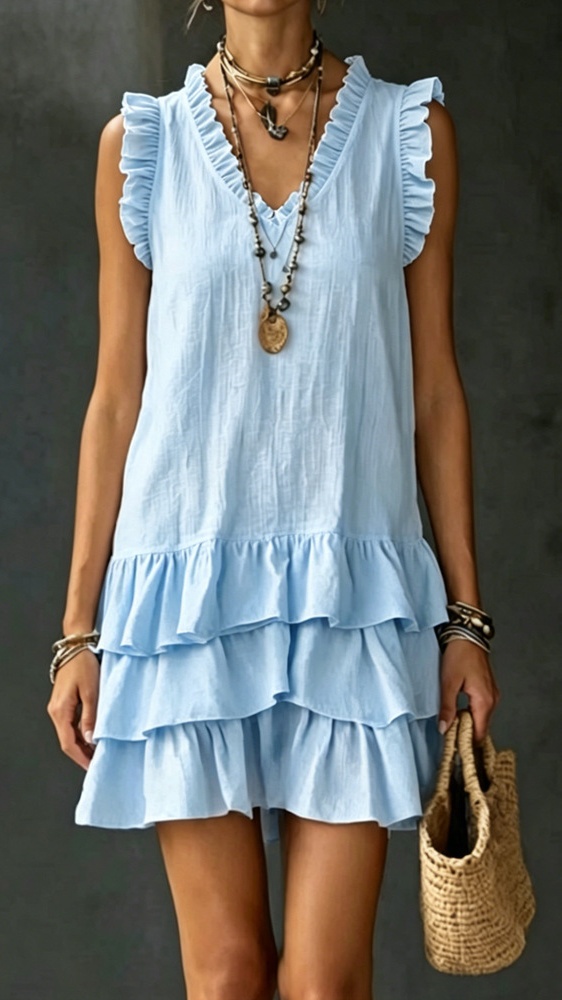 Women's Casual V-Neck Ruffle-Trim Tiered Dress — Sleeveless Tank Dress - Nordfashionstorm - Women's Clothing, Fashion for You - Nordfashionstorm.com