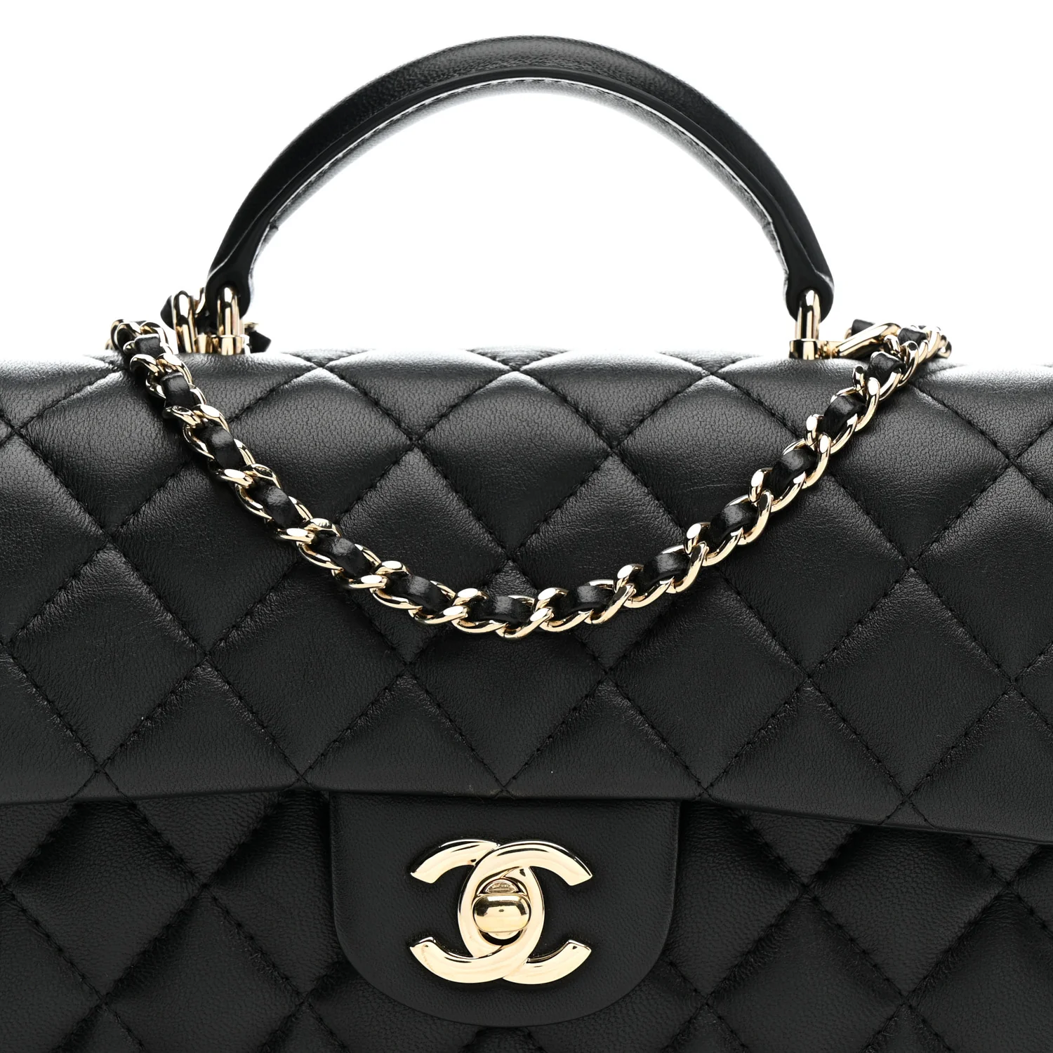 Lambskin Quilted Mini Top Handle Rectangular Flap Black - Top Club