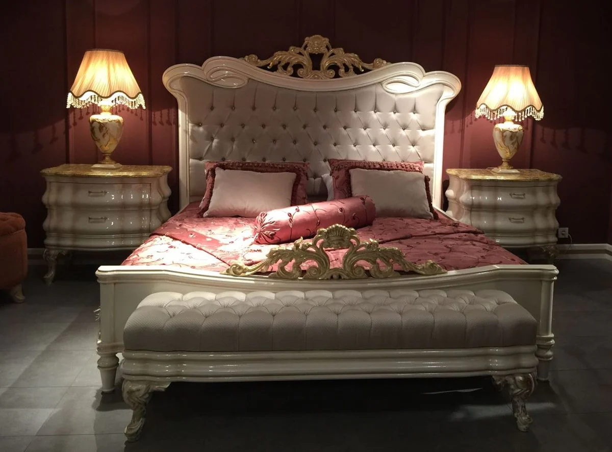 Luxury Baroque Bedroom Set Gray / White / Gold - 1 Baroque Double Bed & 2 Baroque Nightstands & 1 Baroque Bench - Baroque Bedroom Furniture - Noble & Magnificent