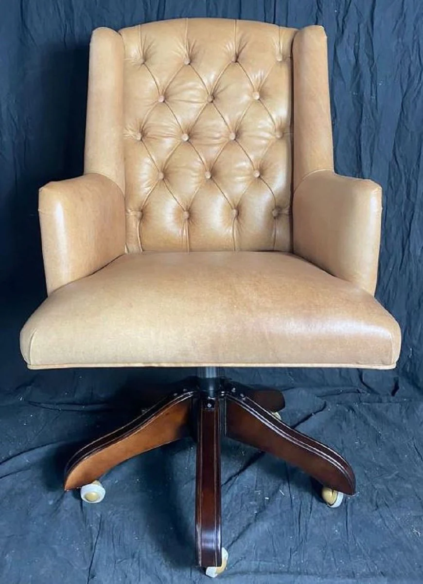 Luxury Chesterfield leather office chair vintage cream / brown 64 x 67 x H. 104-111 cm - Height-adjustable real leather desk chair - Chesterfield furniture - Real leather furniture - Luxury furniture