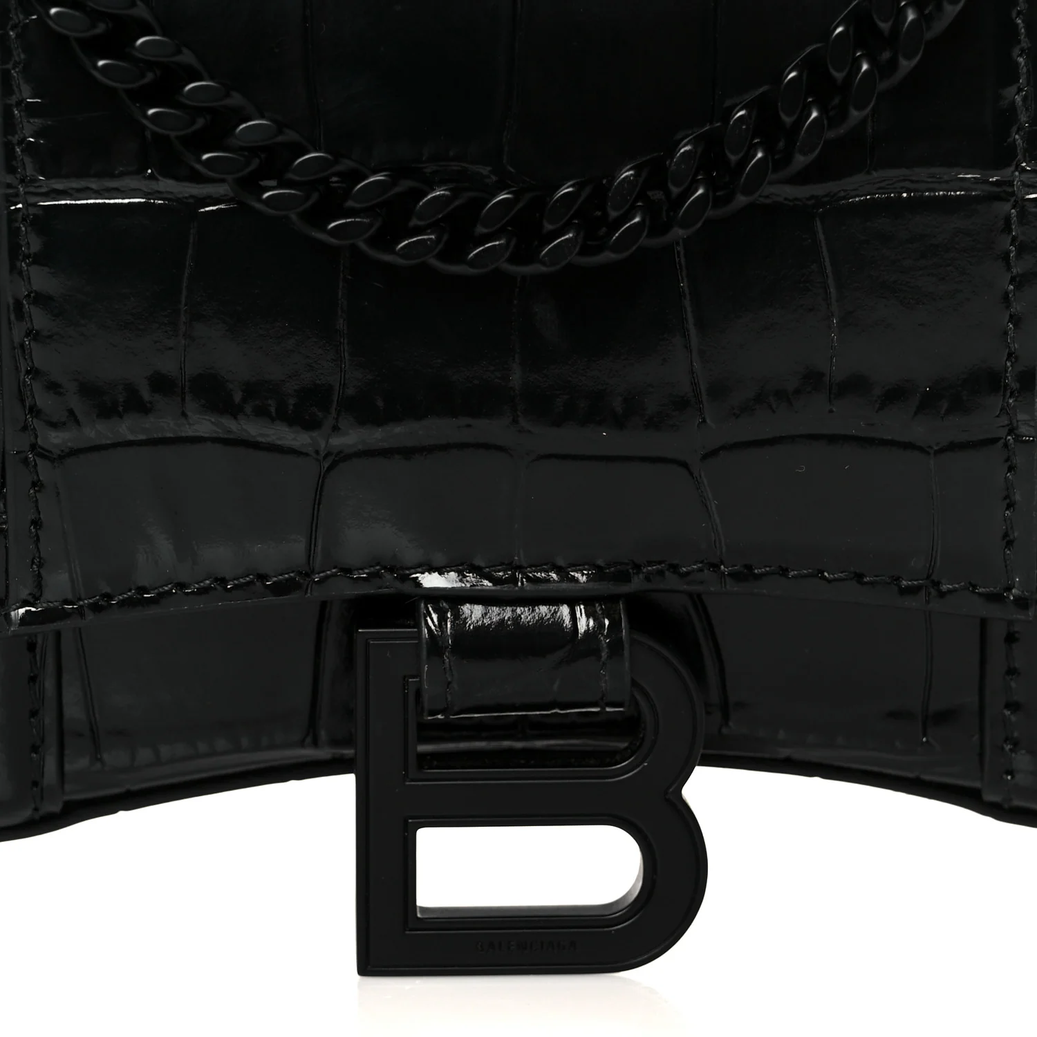 Shiny Calfskin Monochrome Crocodile Embossed Hourglass Chain Bag Black - Top Club
