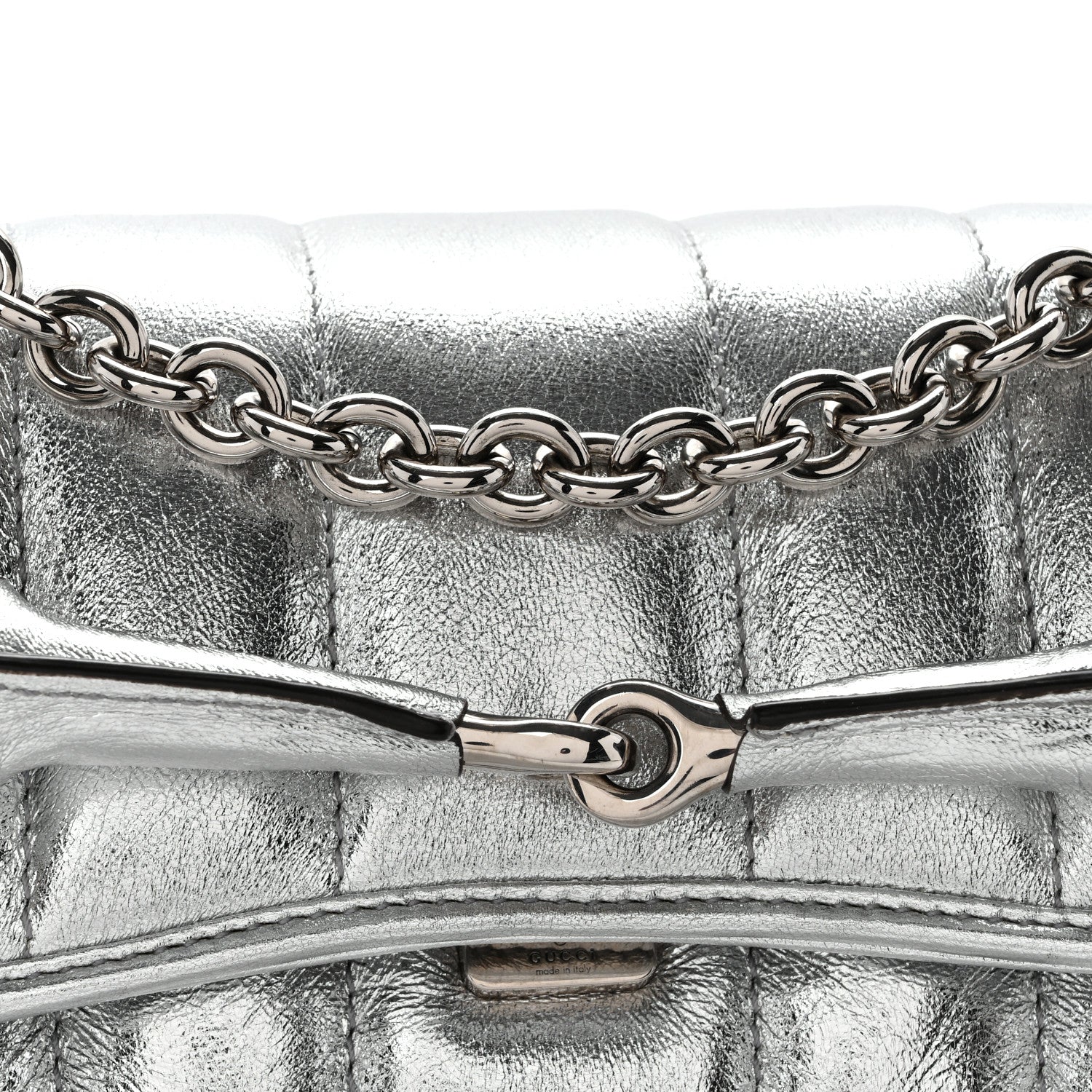 Metallic Nappa Vertical Matelasse Small Maxi Horsebit Chain Shoulder Bag Silver - Top Club
