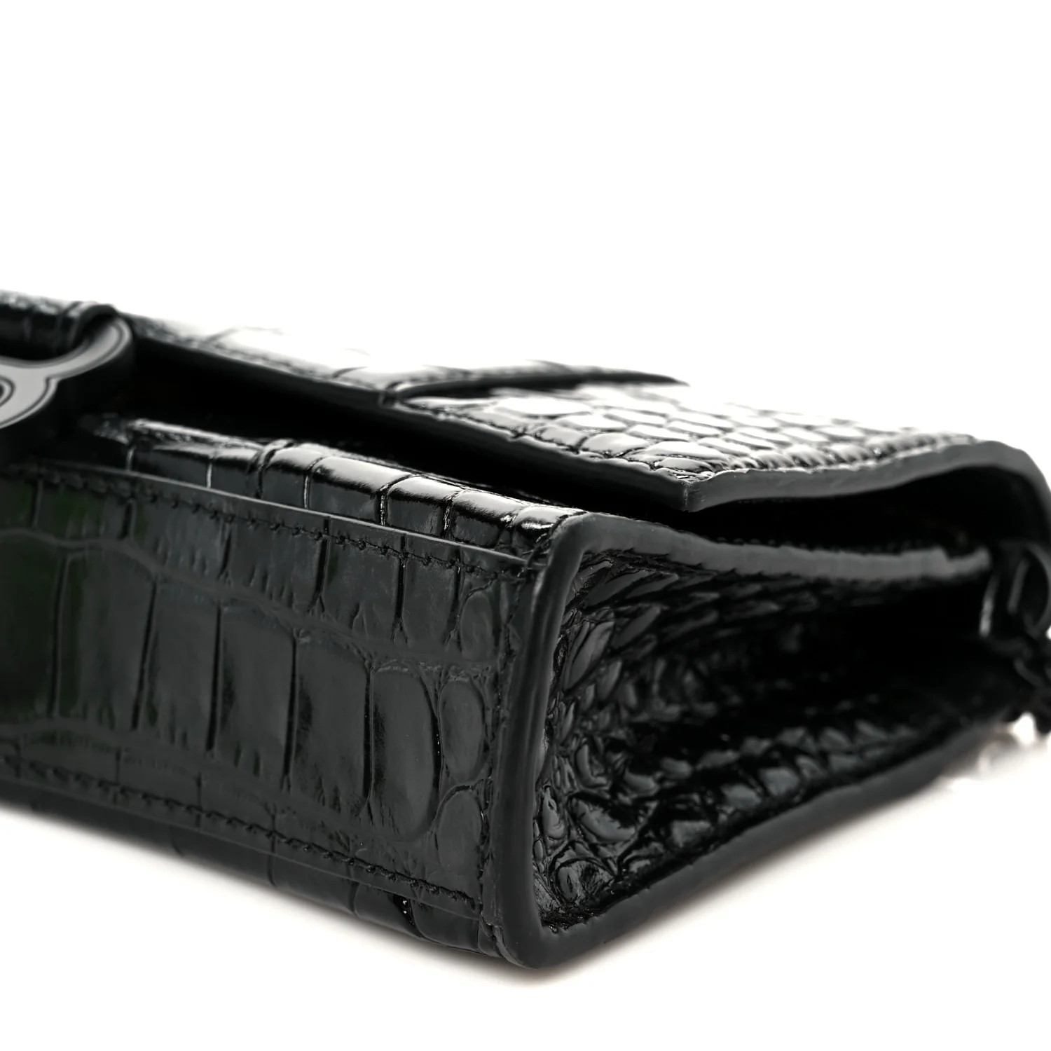Shiny Calfskin Monochrome Crocodile Embossed Hourglass Chain Bag Black - Top Club