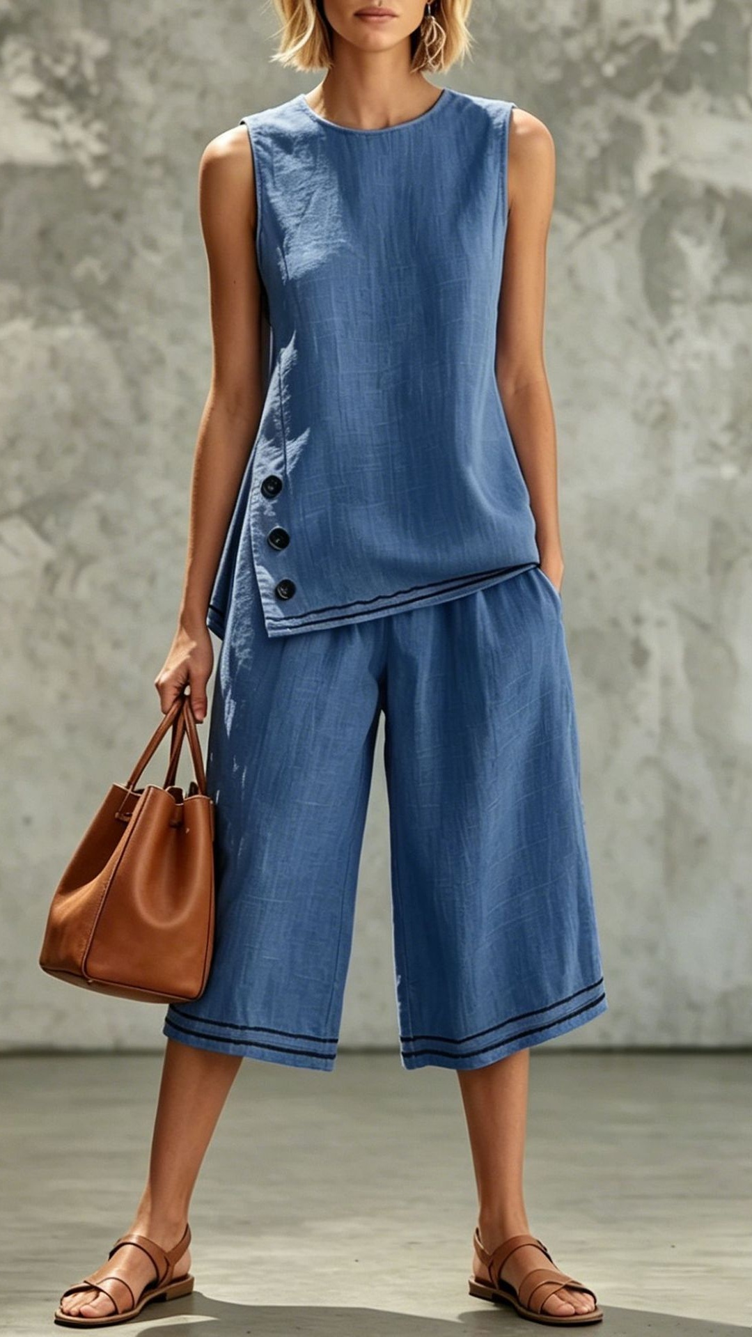 Women's Sleeveless Side-Slit Vest & Wide-Leg Cropped Pants — Cotton-Linen Two-Piece Set - Nordfashionstorm - Women's Clothing, Fashion for You - Nordfashionstorm.com