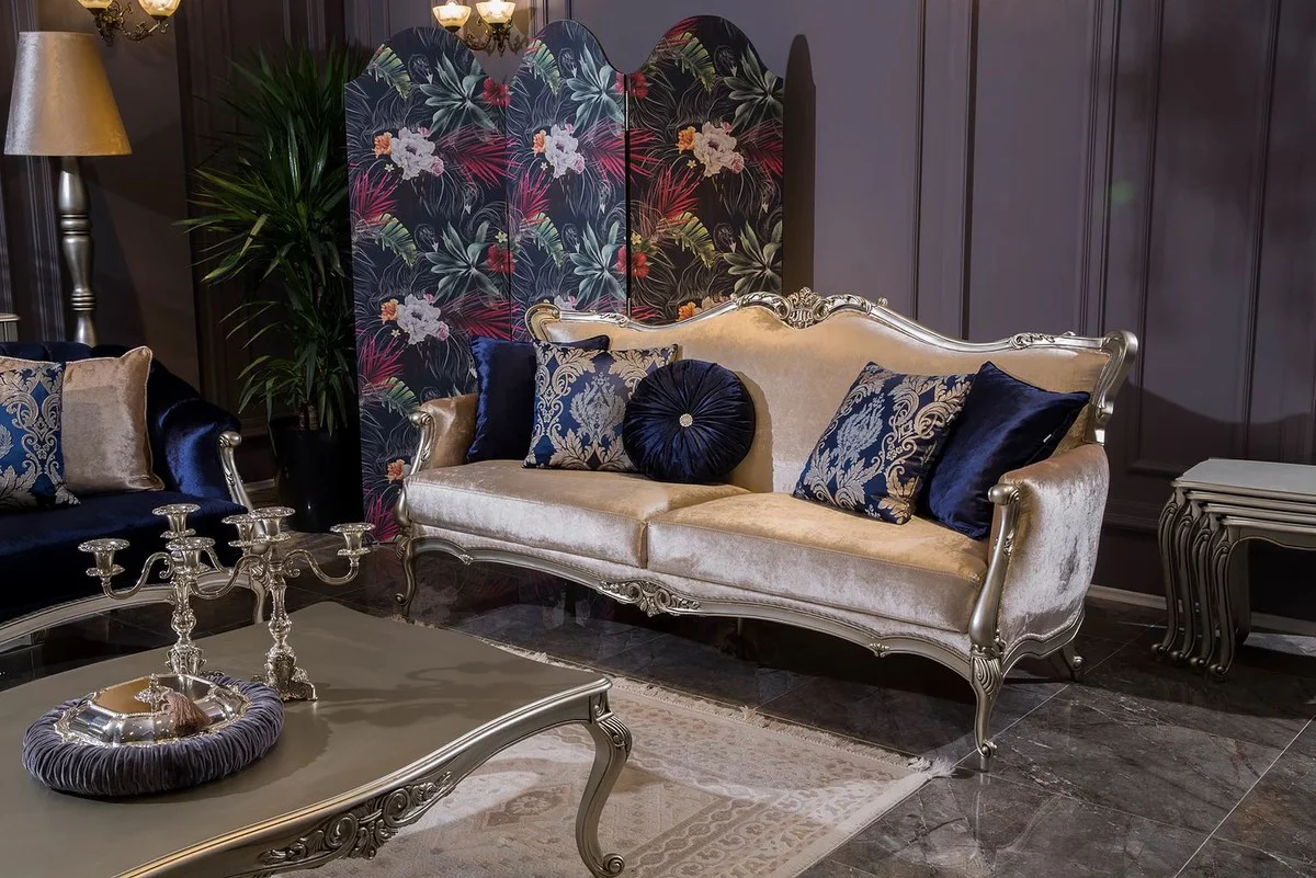 Luxury baroque coffee table silver 126 x 92 x H. 43 cm - Rectangular solid wood living room table in baroque style - Baroque living room furniture