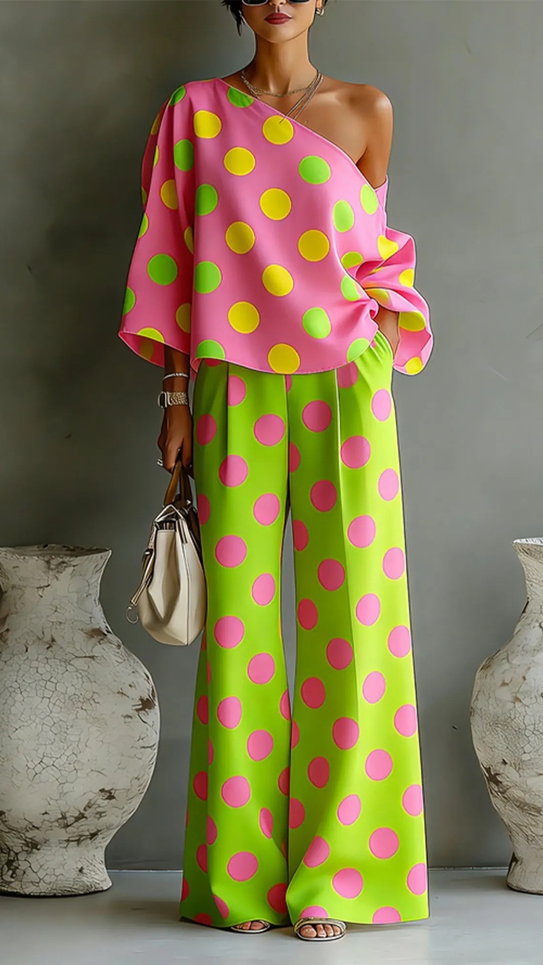 Women's Colorful Polka Dot Off-Shoulder Flowy Two-Piece Set - Nordfashionstorm - Women's Clothing, Fashion for You - Nordfashionstorm.com