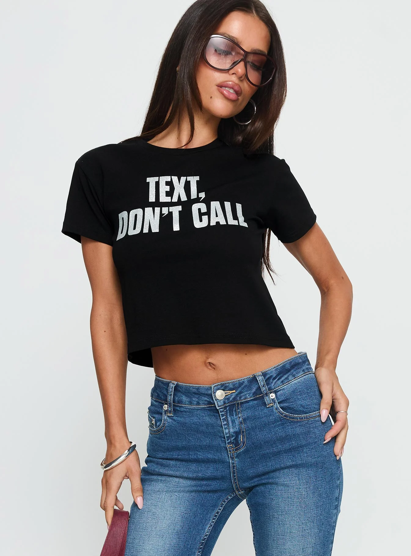 Text, Don't Call Shimmer Graphic Top Black