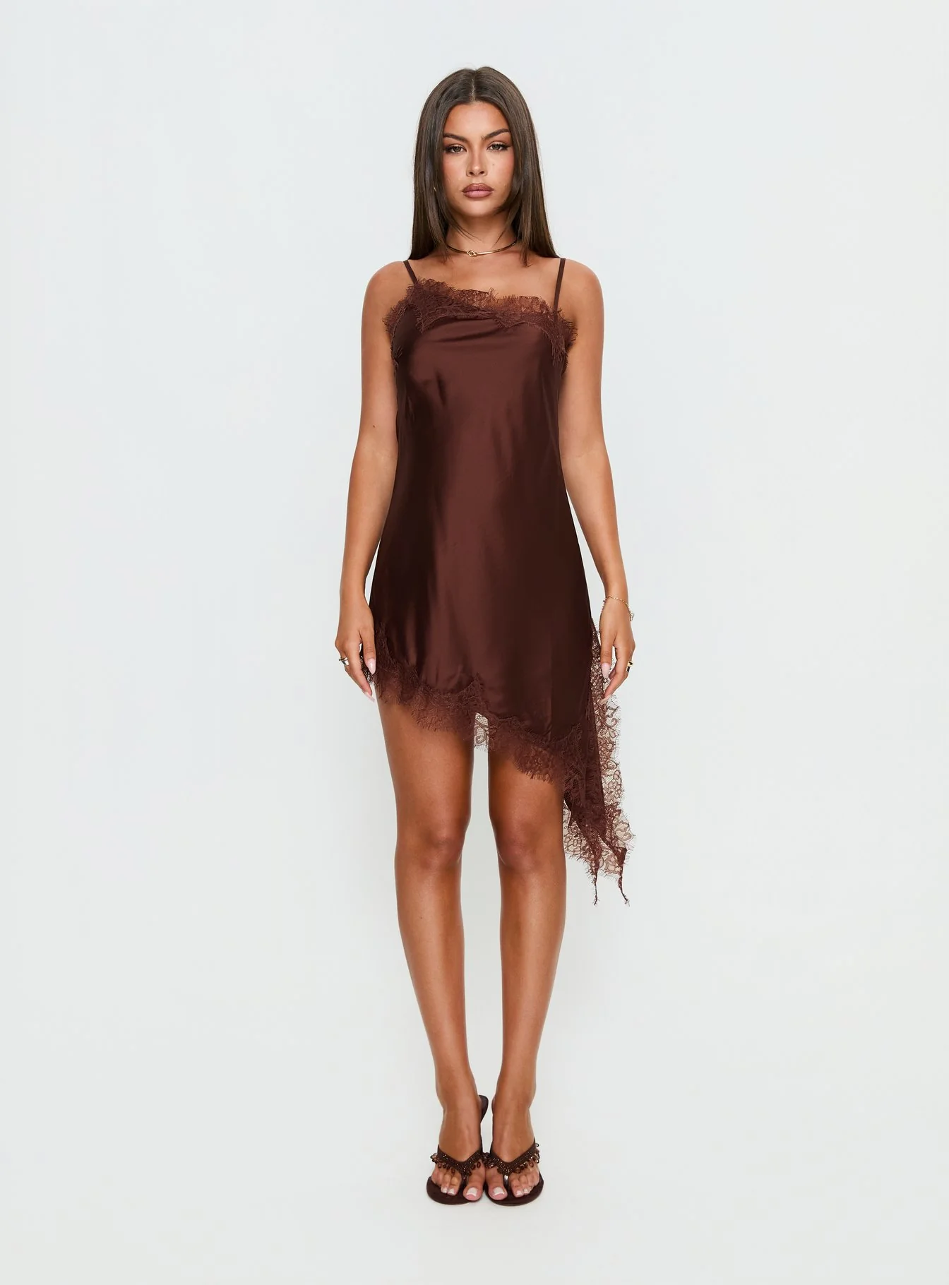 Malakhai Lace Asymmetrical Mini Dress Chocolate
