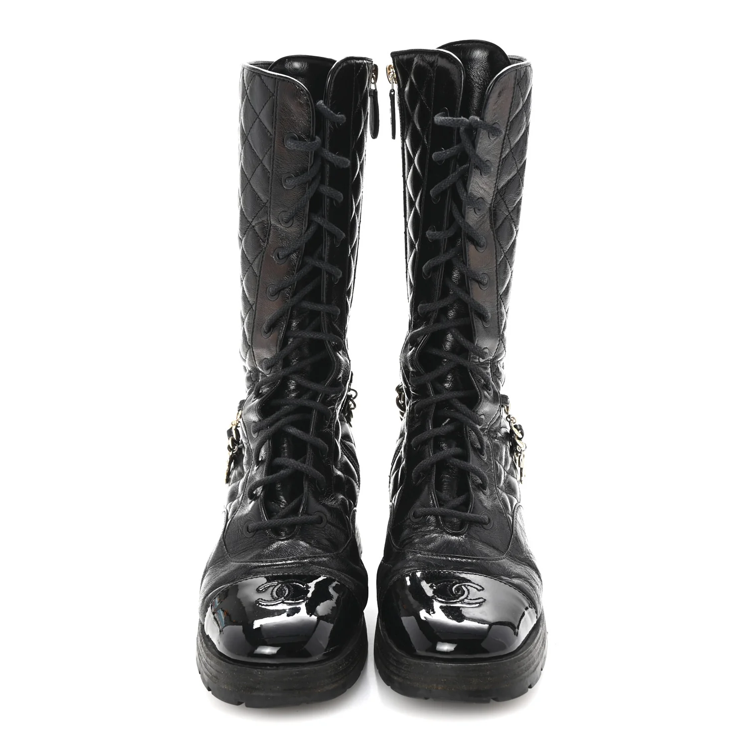 Shiny Calfskin Patent Quilted Chain Lace Up Combat Long Boots 38.5 Black - Top Club