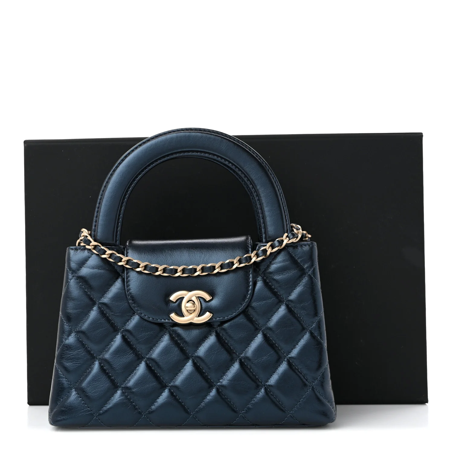 Metallic Aged Calfskin Quilted Nano Kelly Shopper Navy - Top Club