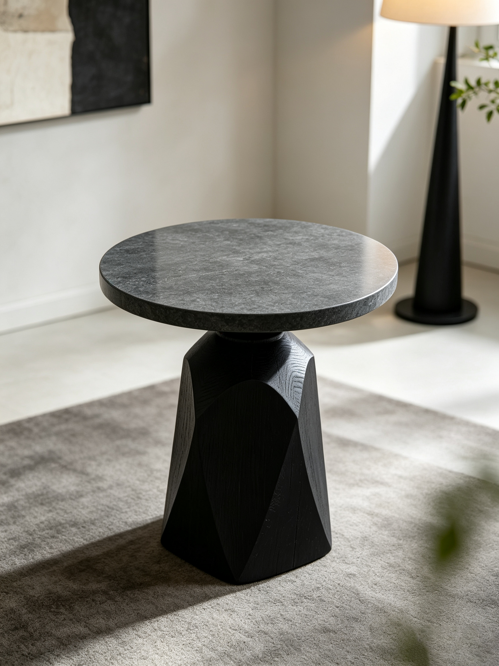 Round Stone Top Side Table with Carved Black Wood Pedestal