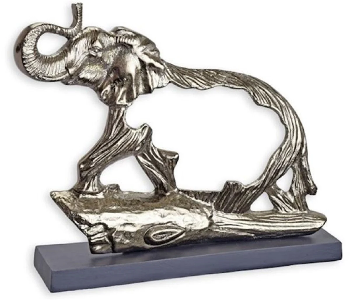 Luxury aluminum decorative sculpture elephant silver / gray 48.3 x 10.5 x H. 38.4 cm - aluminum decorative figure with wooden base - living room decoration - desk decoration