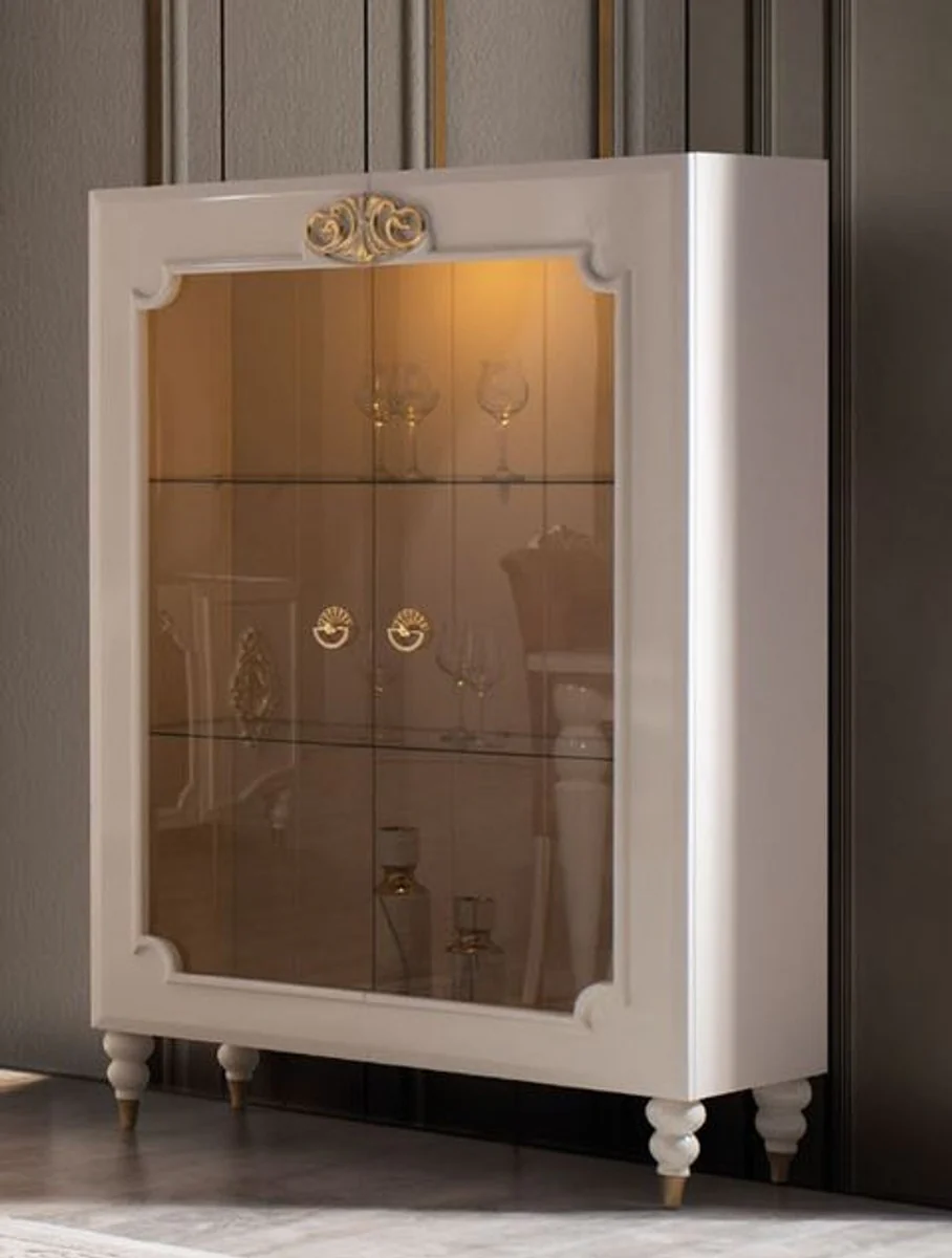 Luxury baroque display cabinet white / gold 116 x 45 x H. 170 cm - Illuminated solid wood display cabinet with 2 glass doors - Elegant baroque furniture