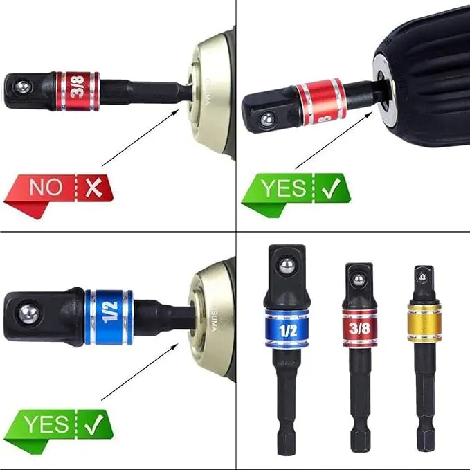 Impact Grade Socket Adapter/Extension Set Turns Power Drill Into High Speed Nut Driver, 1/4-Inch Hex Shank for Use with Drill Chucks, Sizes 1/4