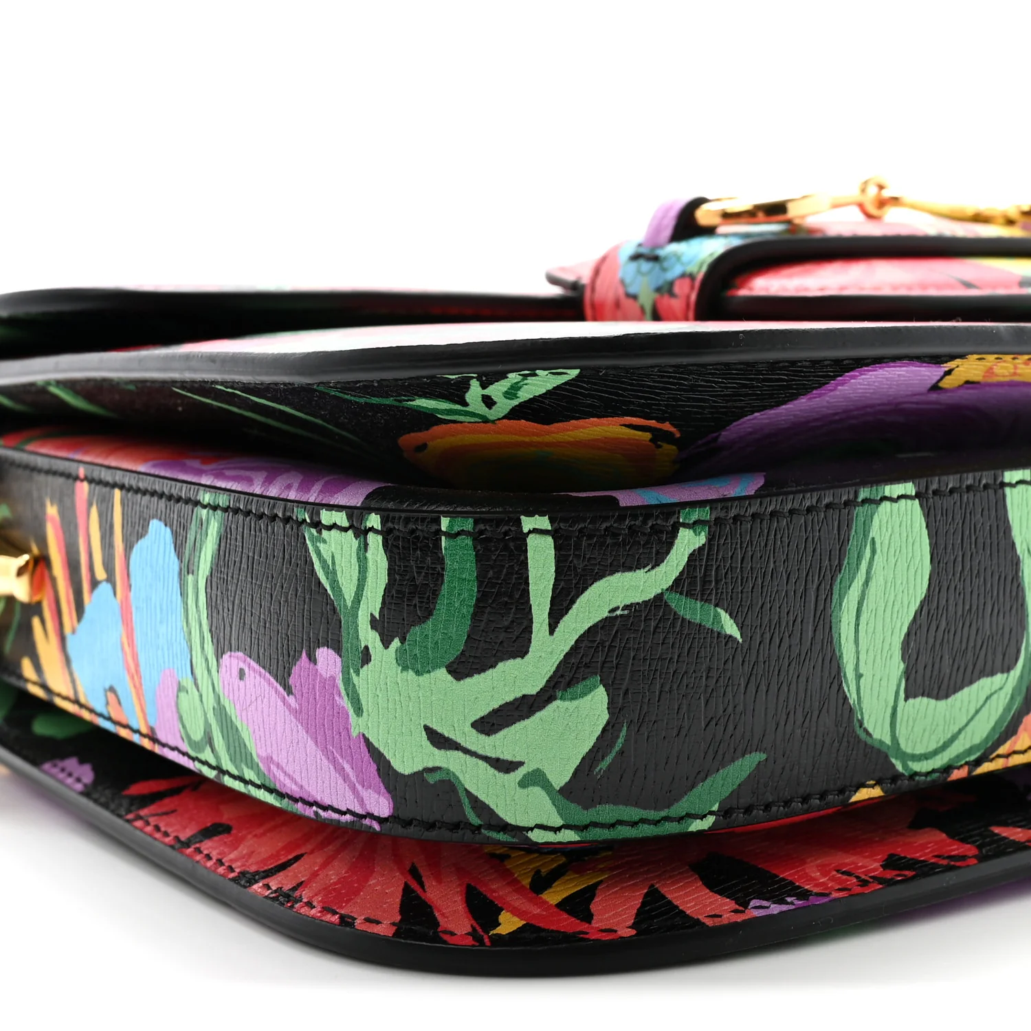 X KEN SCOTT New Shangai Calfskin Jenny Floral Print Horsebit 1955 Shoulder Bag Black Pink - Top Club